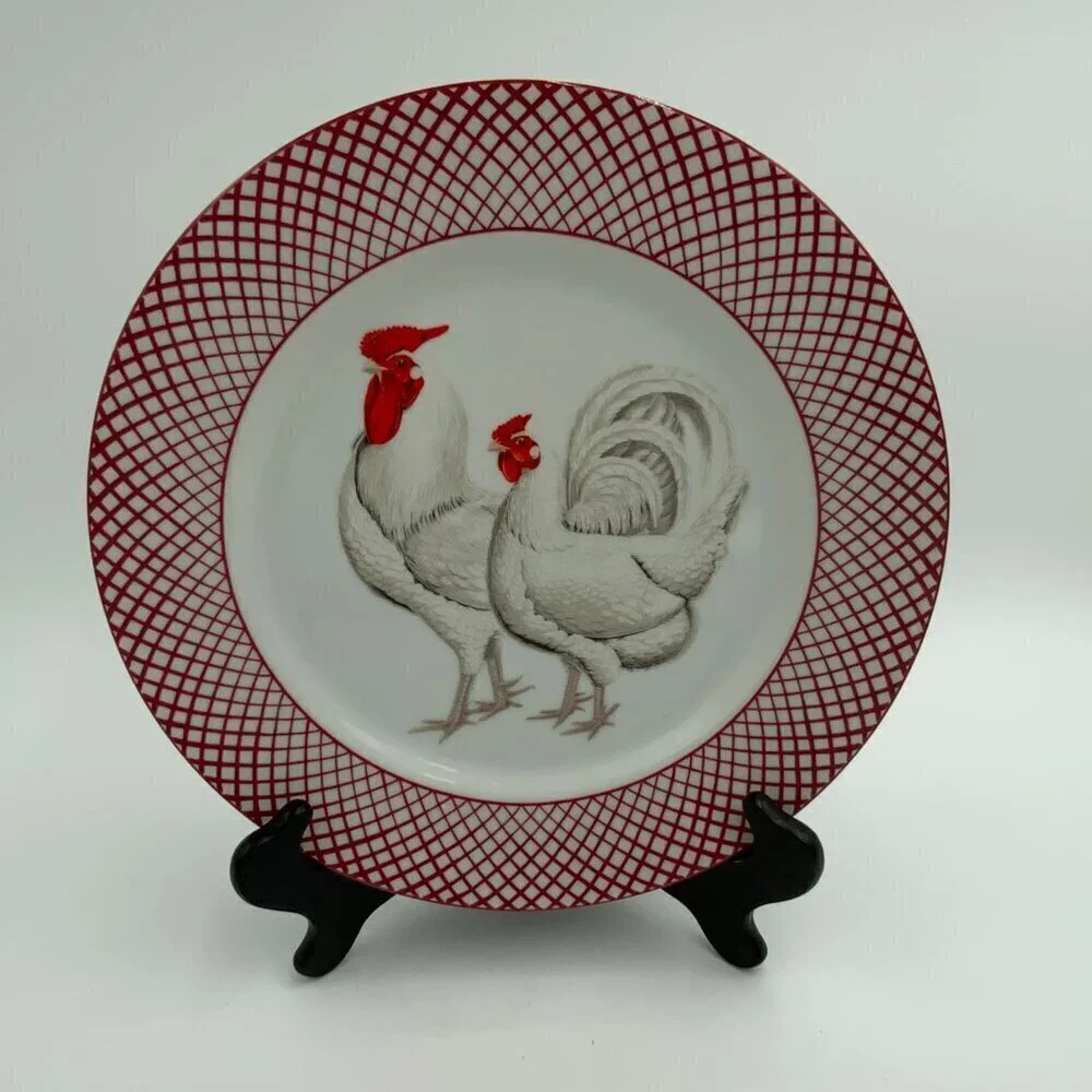 The Haldon Group Devonshire WHITE Rooster & Hen Dinner Plate Vintage Red & White